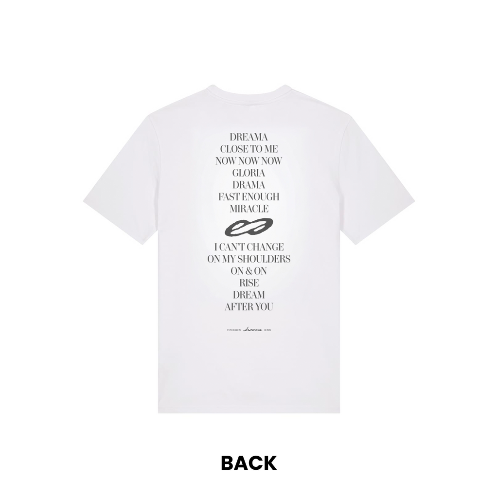 Typh Barrow Dreama t-shirt with album tracklist print, unisex organic cotton