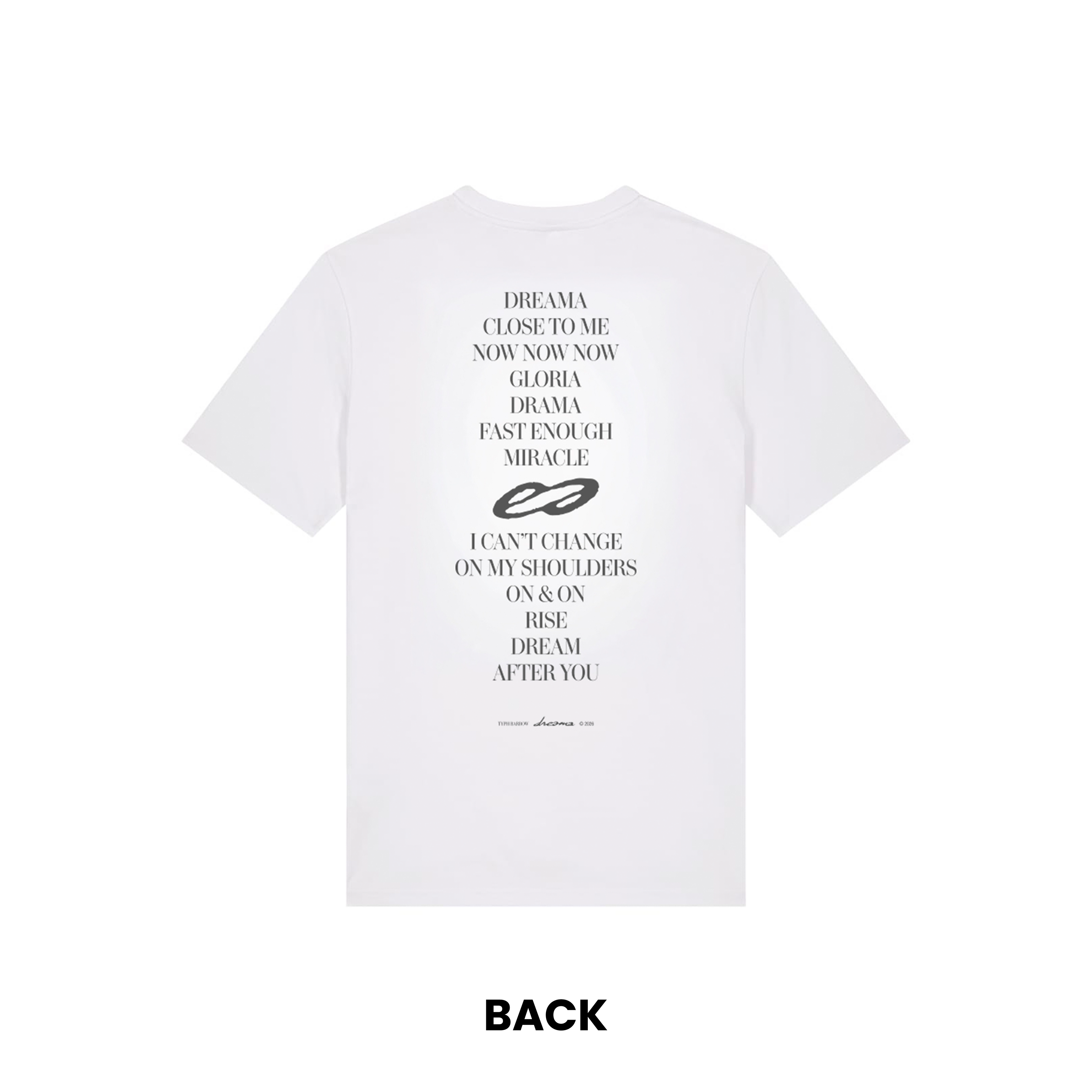 Typh Barrow Dreama t-shirt with album tracklist print, unisex organic cotton